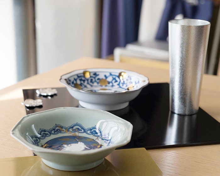 Arita deep dish NAMASU and tin beer cup on the tray