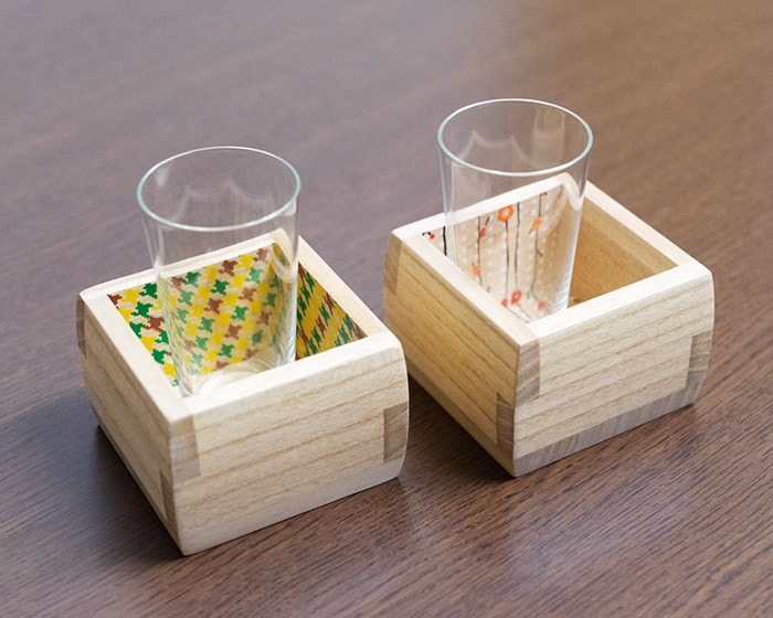 Wooden sake cups from Masuda Kiribako with glasses